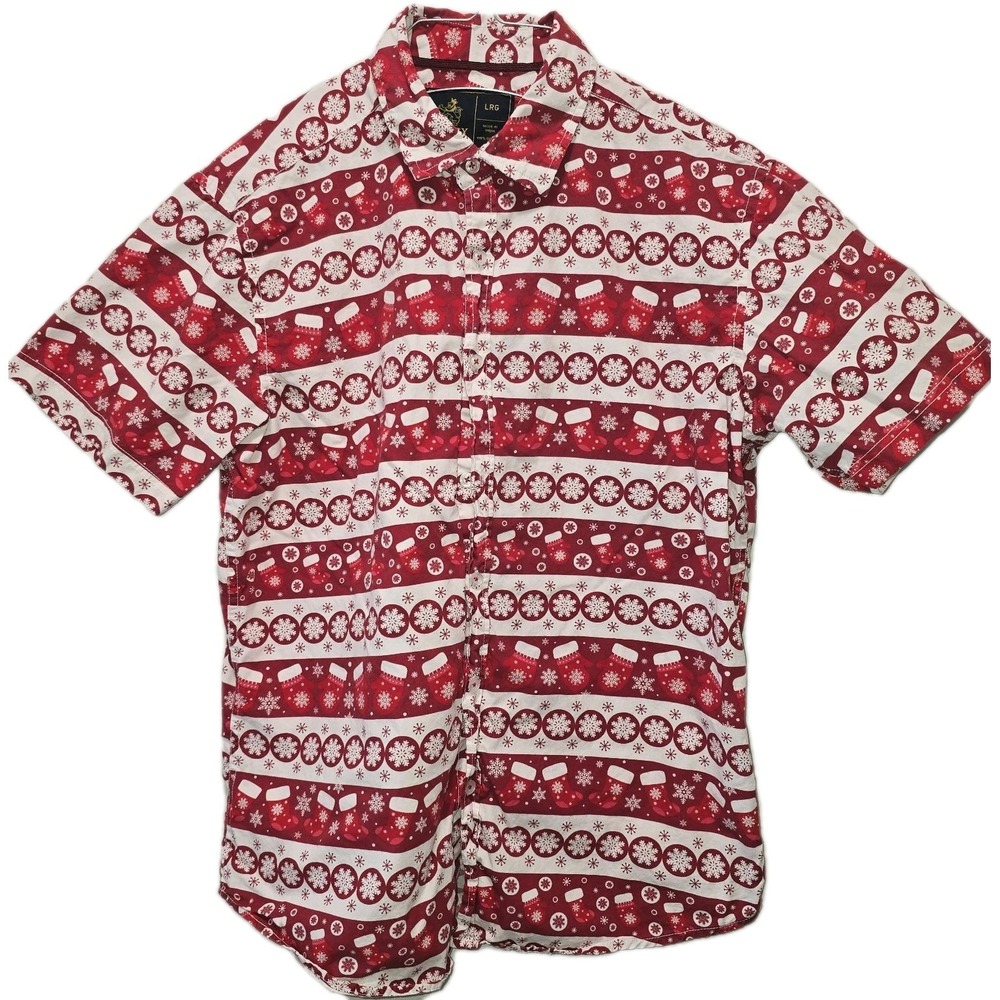Rugby University Christmas Button-Up Shirt Men's Large – Red‎ & White Holiday...